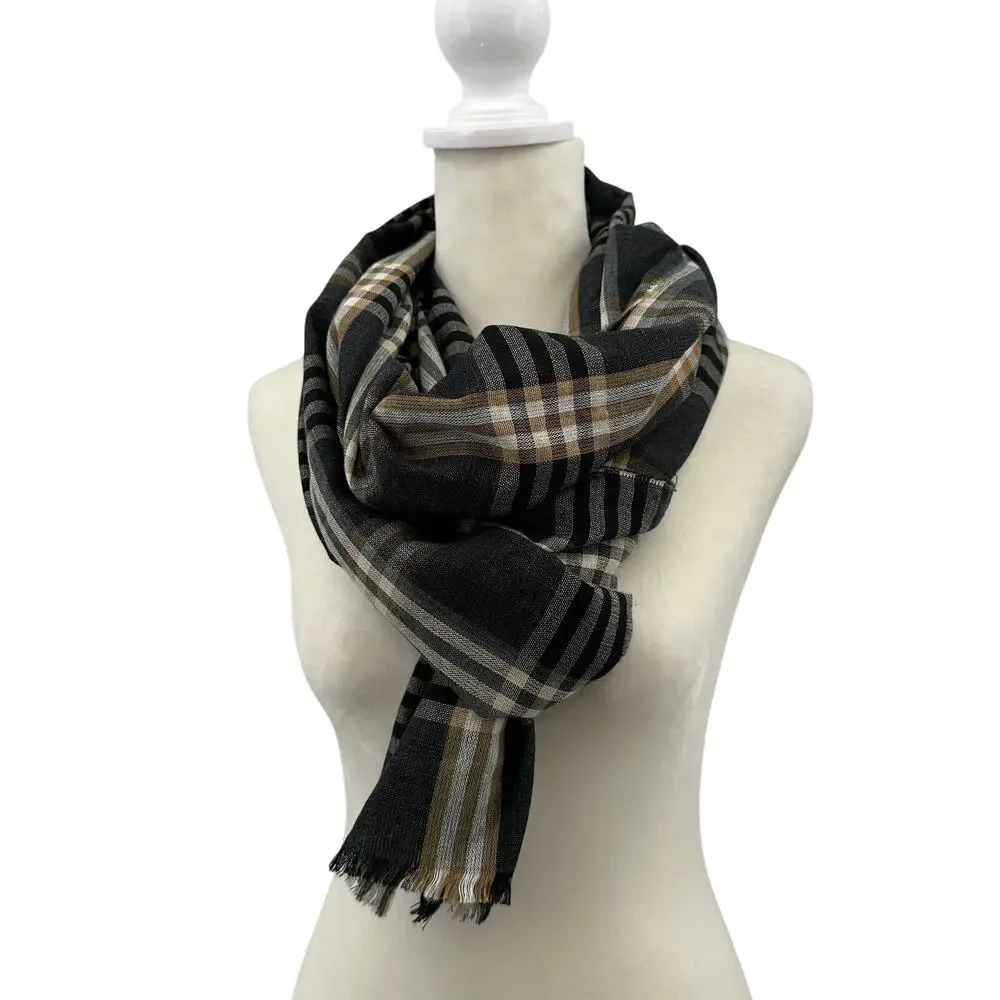 Cashmaire Scarf Black/Tan Plaid Classic Fringe Soft Cozy Wrap Preppy Minimalist
